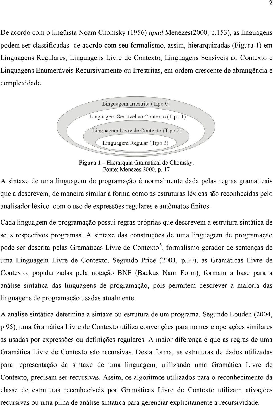 Linguagens Enumeráveis Recursivamente ou Irrestritas, em ordem crescente de abrangência e complexidade. Figura 1 Hierarquia Gramatical de Chomsky. Fonte: Menezes 2000, p.