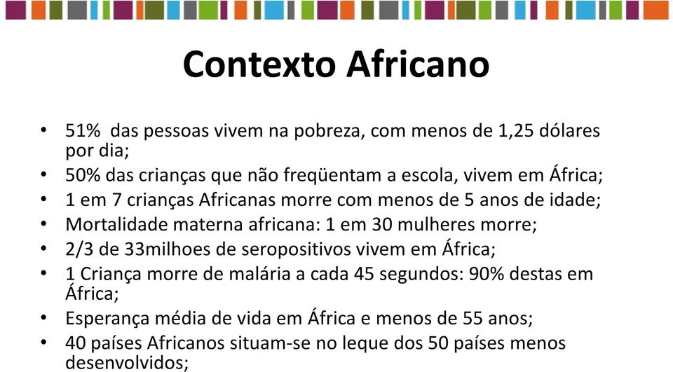 mulheres morre; 2/3 de 33milhoes de seropositivos vivem em África; 1 Criança morre de malária a cada 45 segundos: 90% destas em