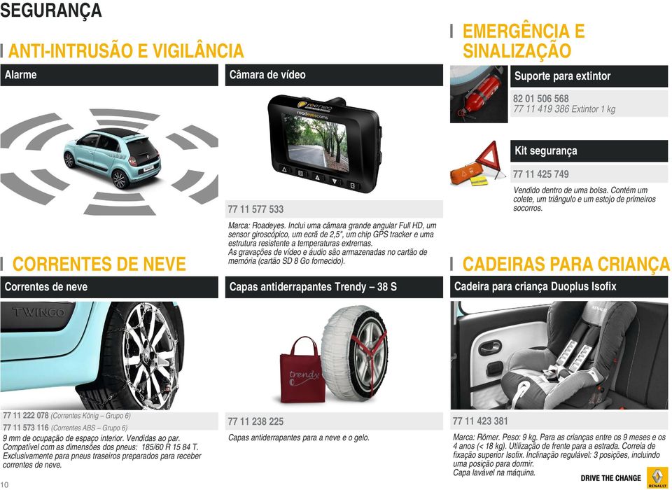 As gravações de vídeo e áudio são armazenadas no cartão de memória (cartão SD 8 Go fornecido). Capas antiderrapantes Trendy 38 S Kit segurança 77 11 425 749 Vendido dentro de uma bolsa.