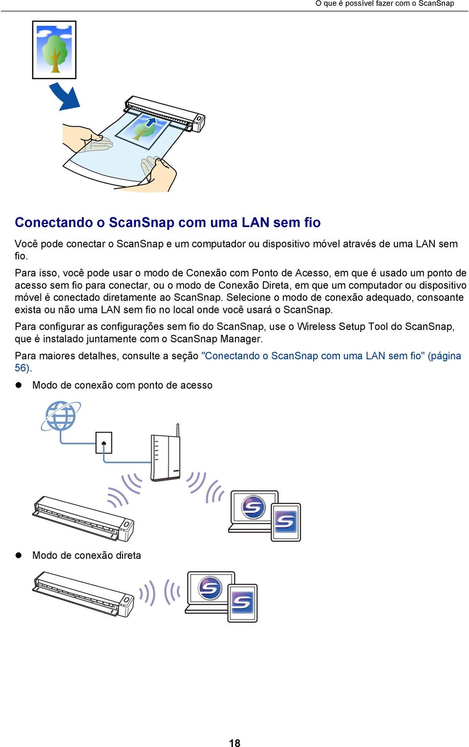 conectado diretamente ao ScanSnap. Selecione o modo de conexão adequado, consoante exista ou não uma LAN sem fio no local onde você usará o ScanSnap.