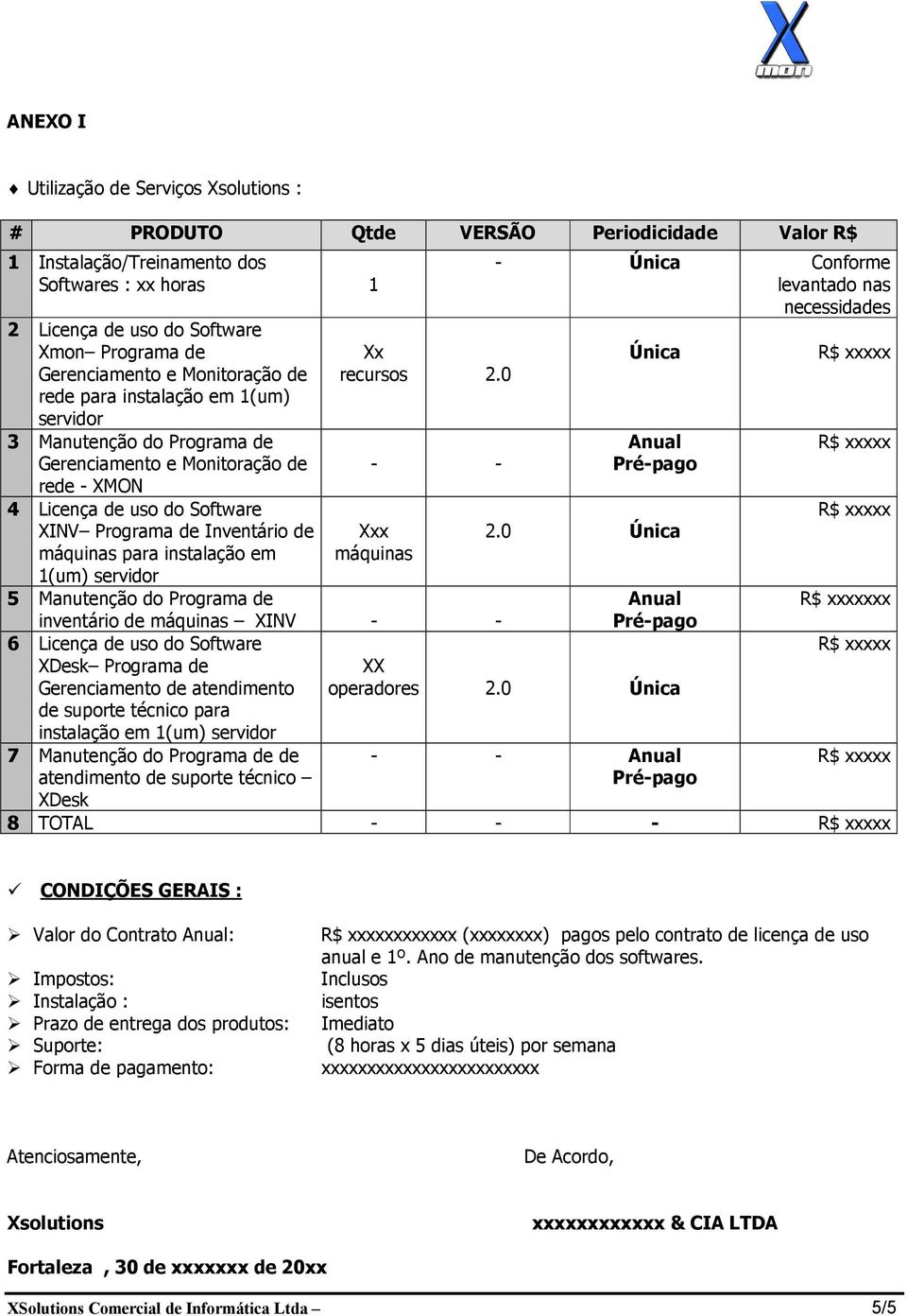 de máquinas para instalação em 1(um) servidor 5 Manutenção do Programa de Xx recursos 2.