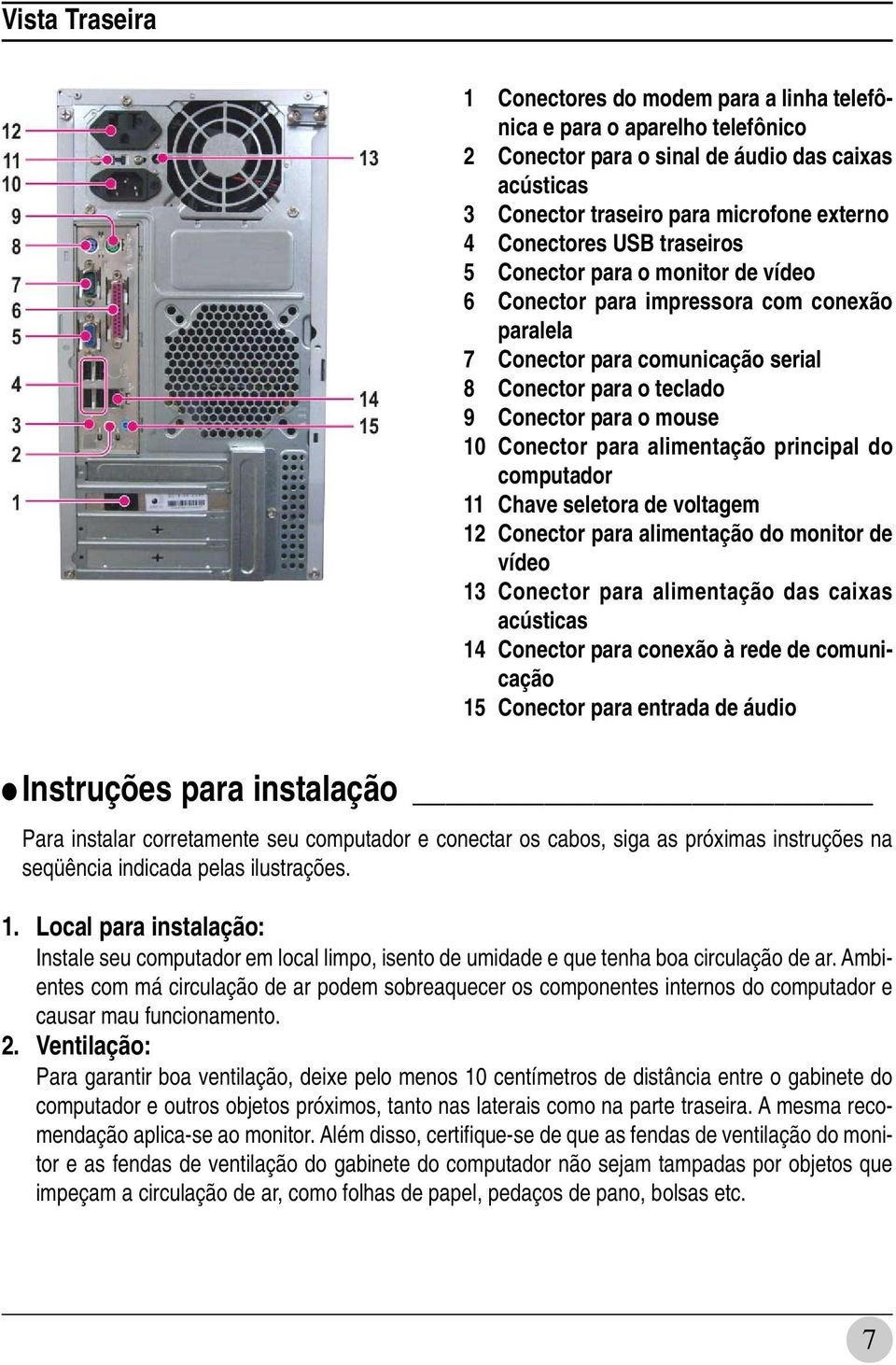 alimentação principal do computador 11 Chave seletora de voltagem 12 Conector para alimentação do monitor de vídeo 13 Conector para alimentação das caixas acústicas 14 Conector para conexão à rede de