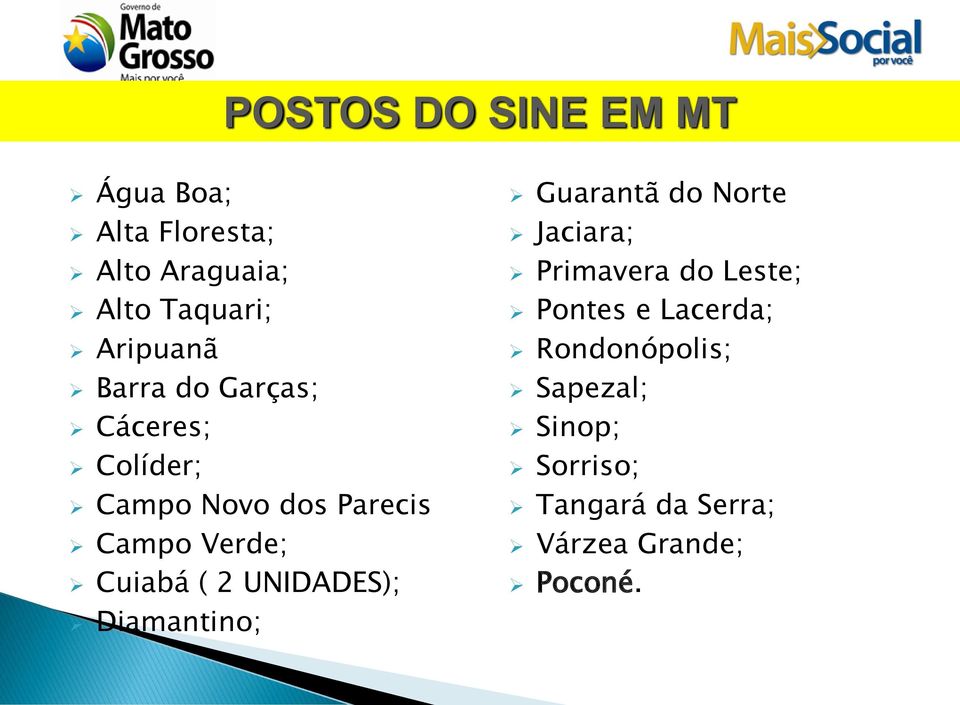 UNIDADES); Diamantino; Guarantã do Norte Jaciara; Primavera do Leste; Pontes e