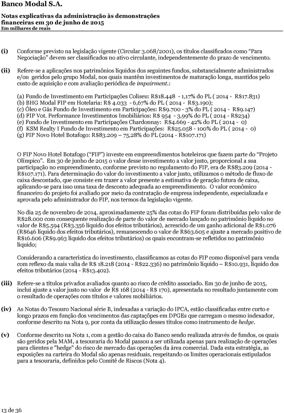 pelo custo de aquisição e com avaliação periódica de impairment.: (a) Fundo de Investimento em Participações Coliseu: R$18.448-1,17% do PL ( 2014 - R$17.831) (b) BHG Modal FIP em Hotelaria: R$ 4.