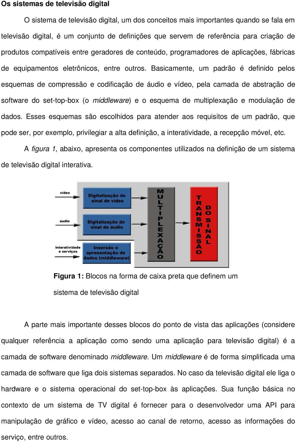 Basicamente, um padrão é definido pelos esquemas de compressão e codificação de áudio e vídeo, pela camada de abstração de software do set top box (o middleware) e o esquema de multiplexação e