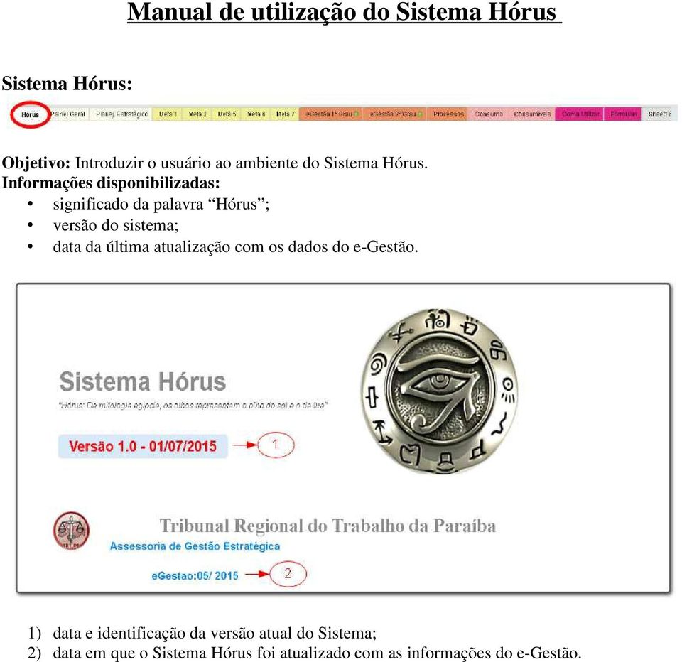 Informações disponibilizadas: significado da palavra Hórus ; versão do sistema; data da