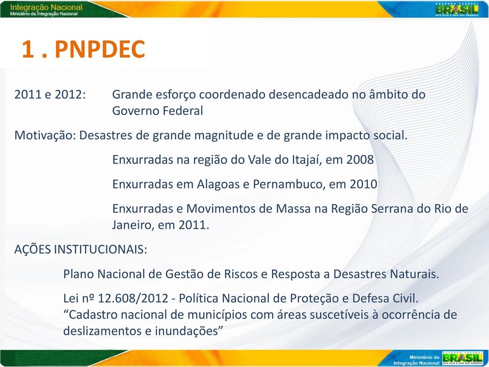 AÇÕES INSTITUCIONAIS: Enxurradas na região do Vale do Itajaí, em 2008 Enxurradas em Alagoas e Pernambuco, em 2010 Enxurradas e Movimentos de