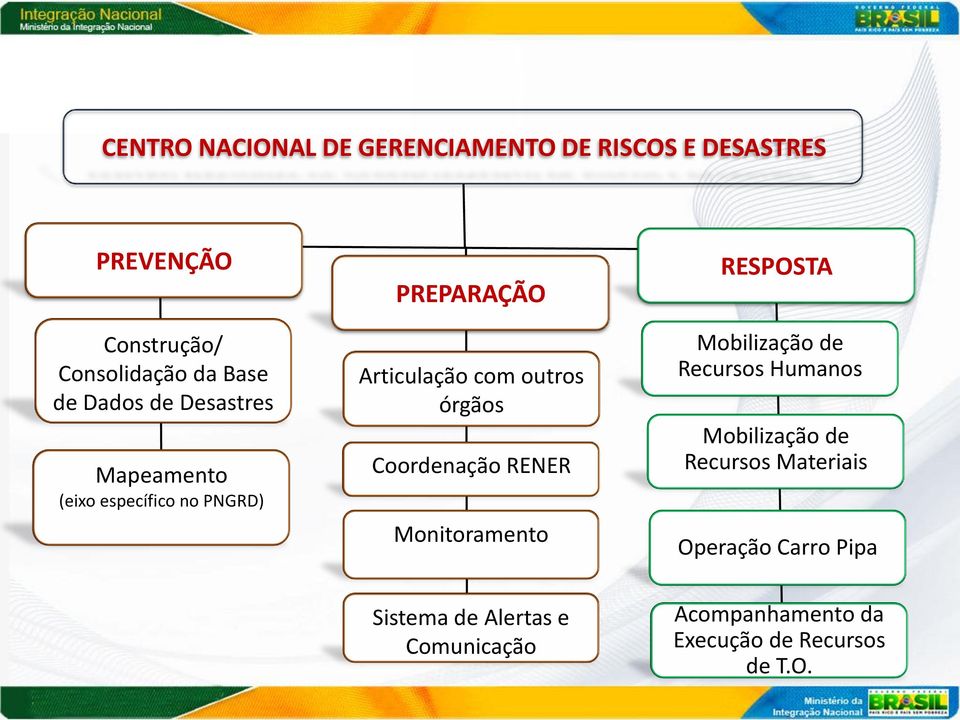 Coordenação RENER Monitoramento RESPOSTA Mobilização de Recursos Humanos Mobilização de Recursos