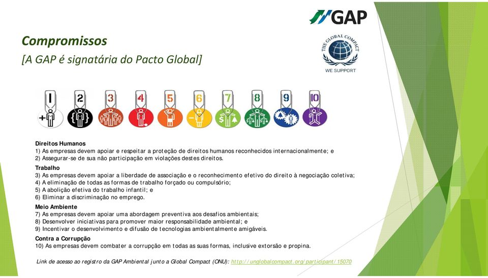 Trabalho 3) As empresas devem apoiar a liberdade de associação e o reconhecimento efetivo do direito à negociação coletiva; 4) A eliminação de todas as formas de trabalho forçado ou compulsório; 5) A