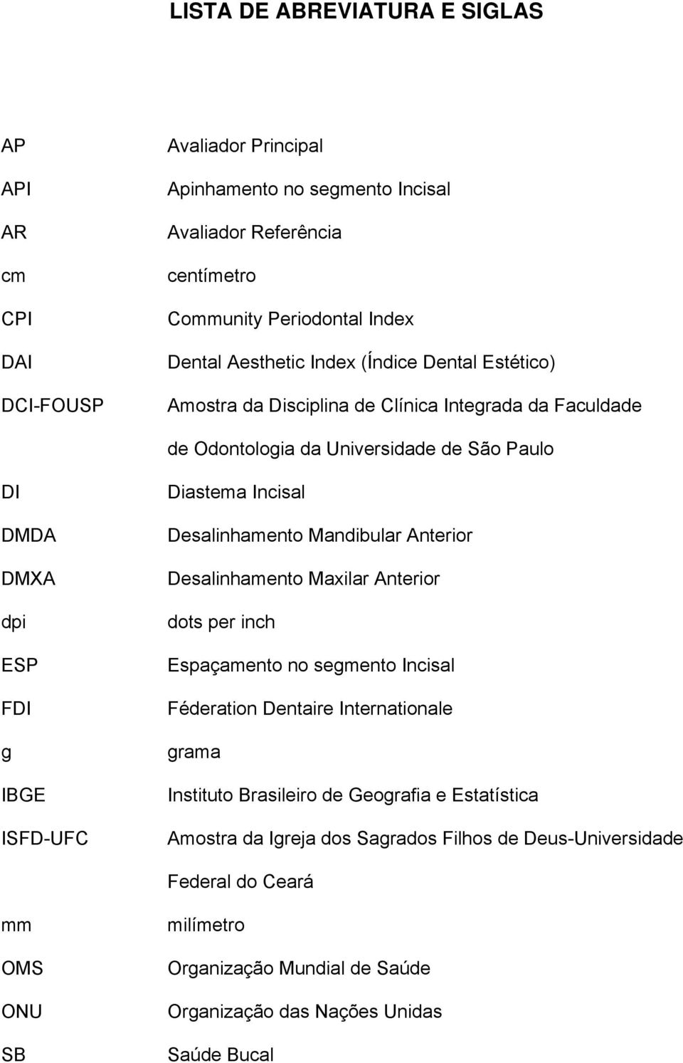 Diastema Incisal Desalinhamento Mandibular Anterior Desalinhamento Maxilar Anterior dots per inch Espaçamento no segmento Incisal Féderation Dentaire Internationale grama Instituto