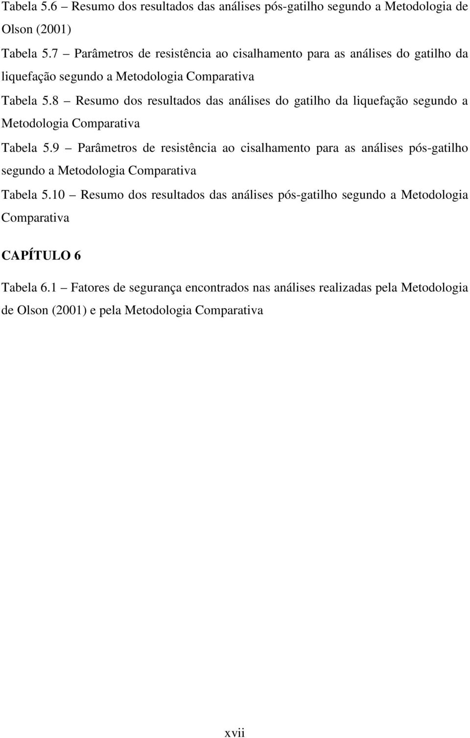 8 Resumo dos resultados das análises do gatilho da liquefação segundo a Metodologia Comparativa Tabela 5.