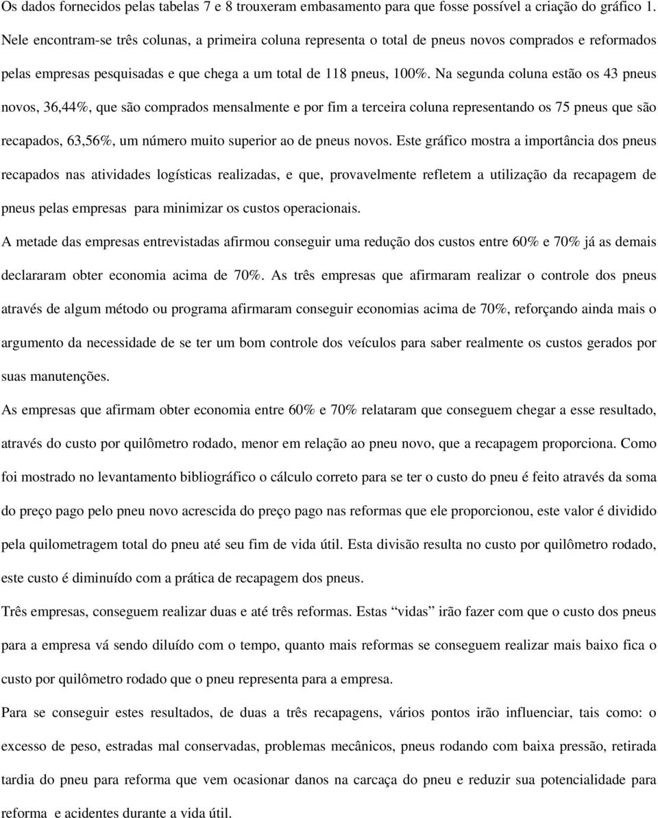 Na segunda coluna estão os 43 pneus novos, 36,44%, que são comprados mensalmente e por fim a terceira coluna representando os 75 pneus que são recapados, 63,56%, um número muito superior ao de pneus