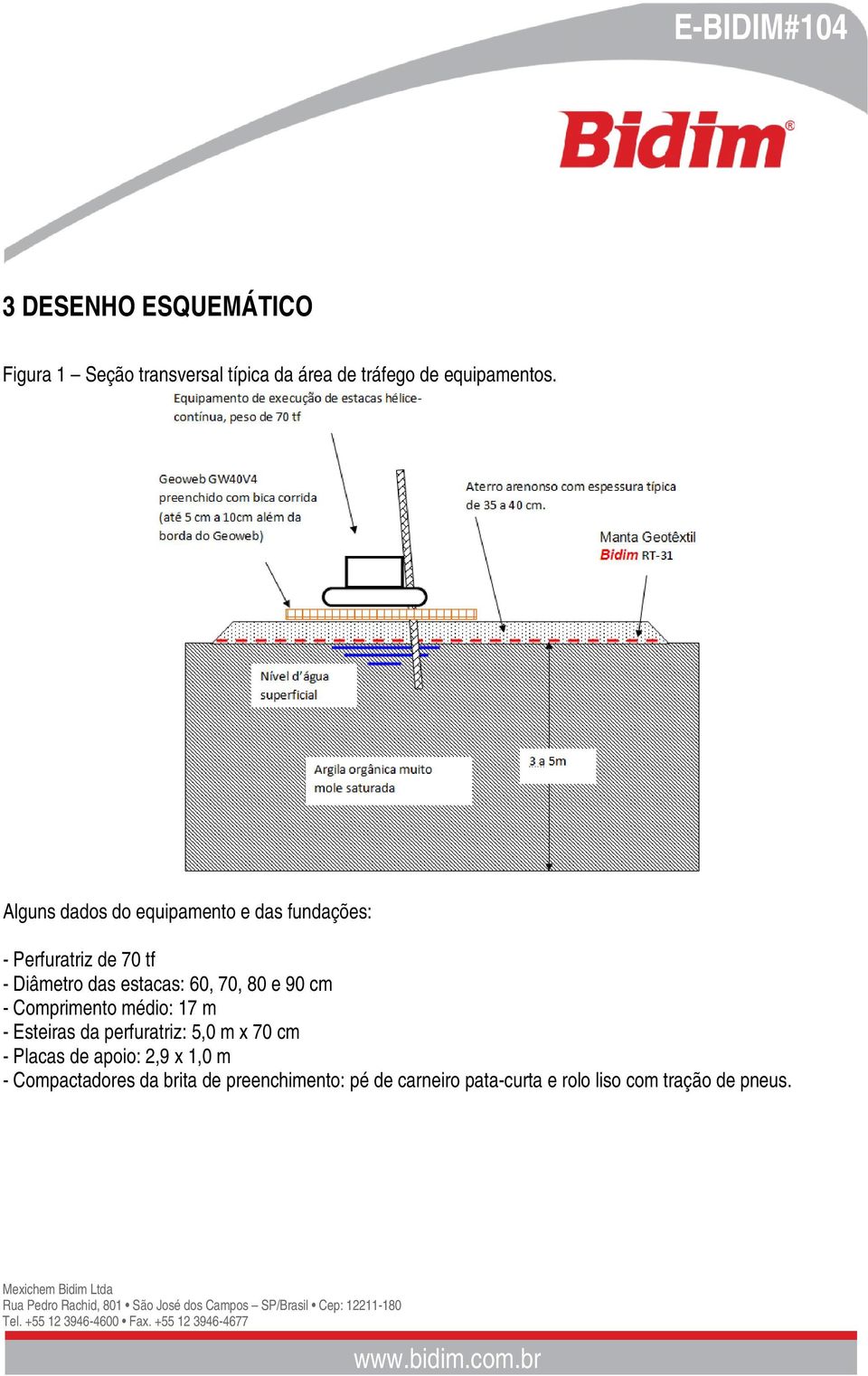 80 e 90 cm - Comprimento médio: 17 m - Esteiras da perfuratriz: 5,0 m x 70 cm - Placas de apoio: 2,9