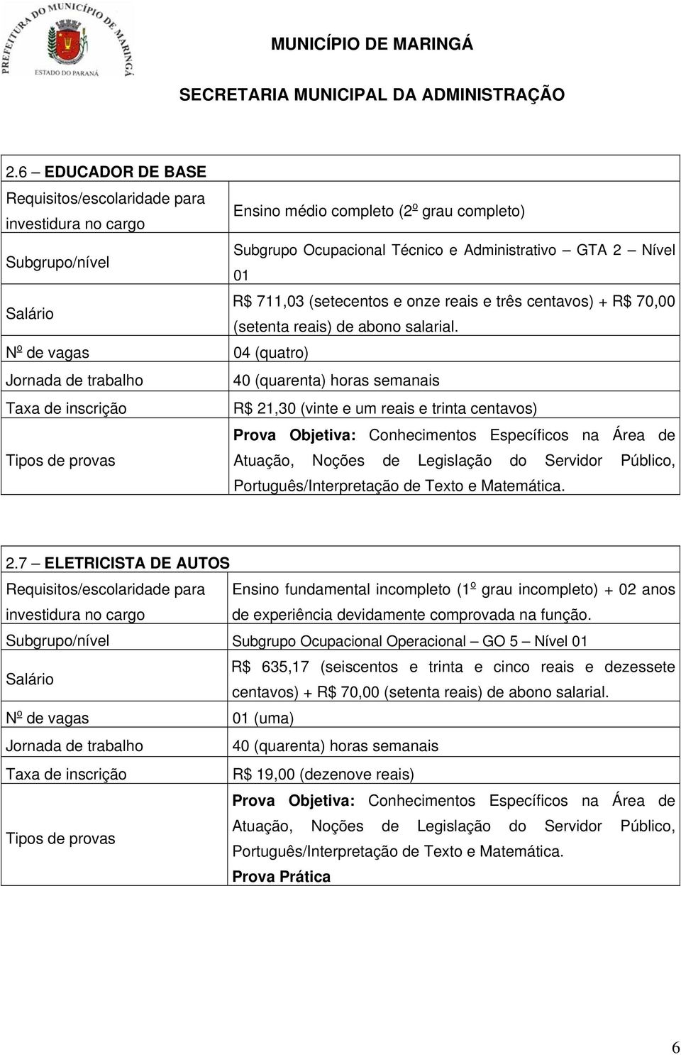 04 (quatro) 40 (quarenta) horas semanais R$ 21,30 (vinte e um reais e trinta centavos) Prova Objetiva: Conhecimentos Específicos na Área de Atuação, Noções de Legislação do Servidor Público,