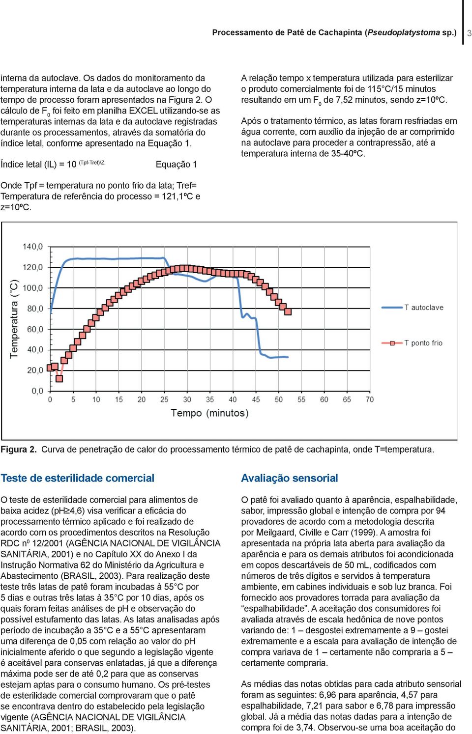 O cálculo de F 0 foi feito em planilha EXCEL utilizando-se as temperaturas internas da lata e da autoclave registradas durante os processamentos, através da somatória do índice letal, conforme