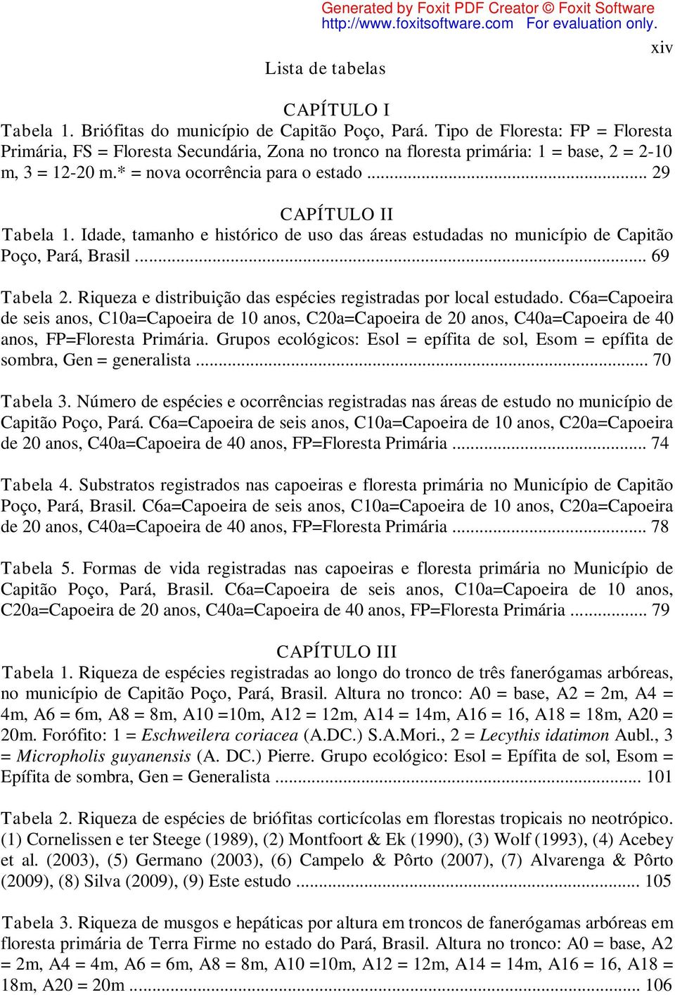 Idade, tamanho e histórico de uso das áreas estudadas no município de Capitão Poço, Pará, Brasil... 69 Tabela 2. Riqueza e distribuição das espécies registradas por local estudado.