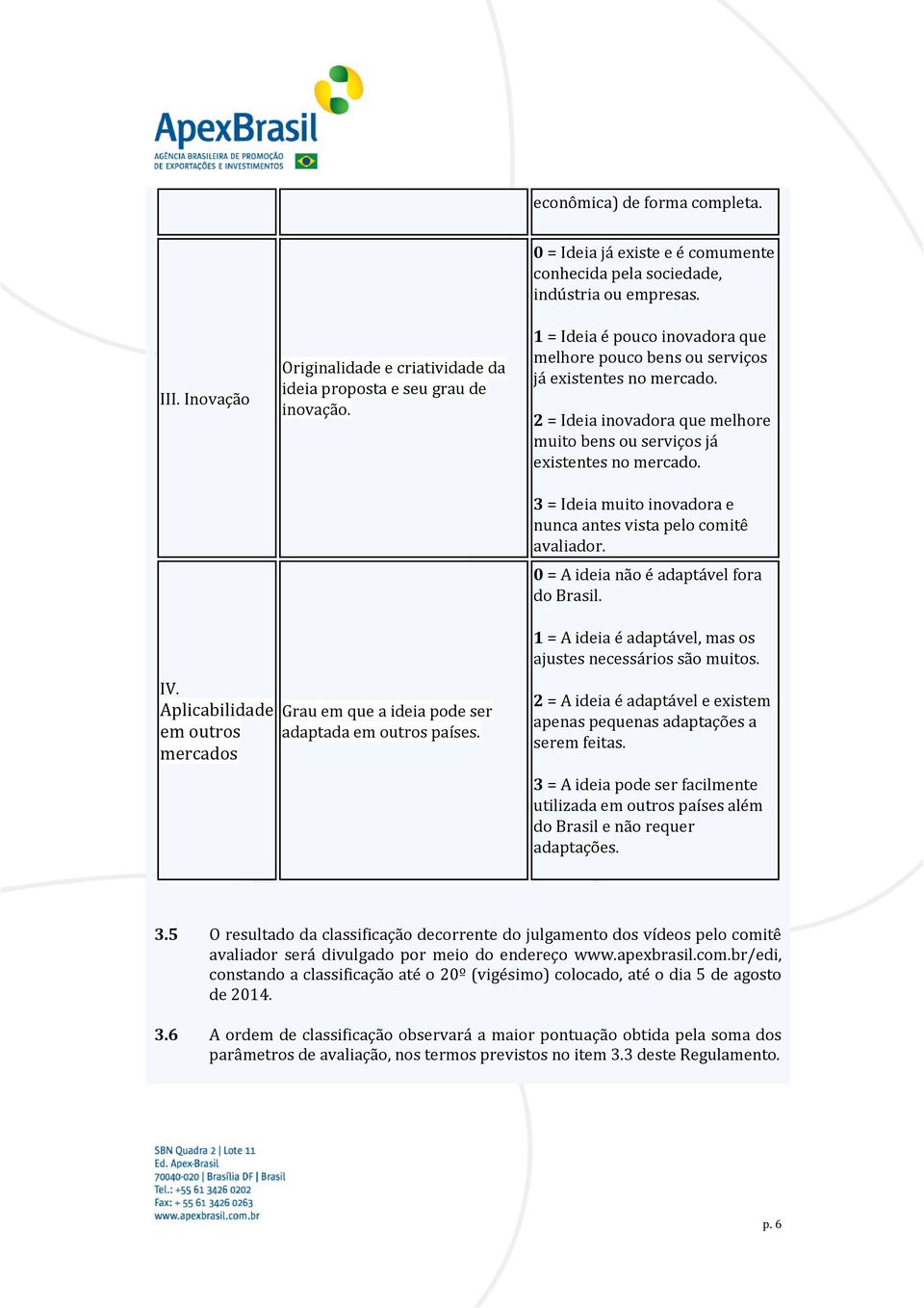 3 = Ideia muito inovadora e nunca antes vista pelo comitê avaliador. 0 = A ideia não é adaptável fora do Brasil. IV.