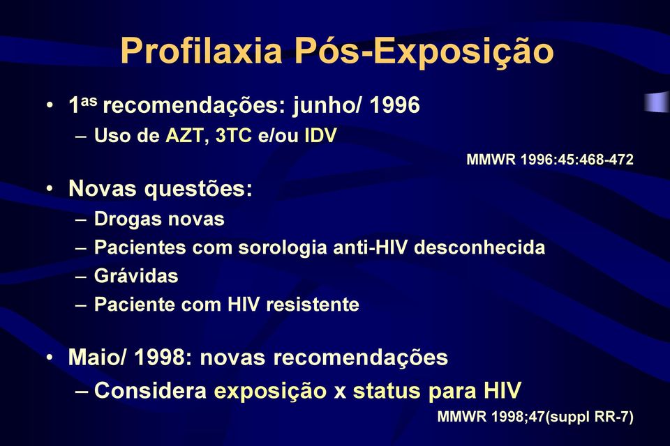 desconhecida Grávidas Paciente com HIV resistente Maio/ 1998: novas