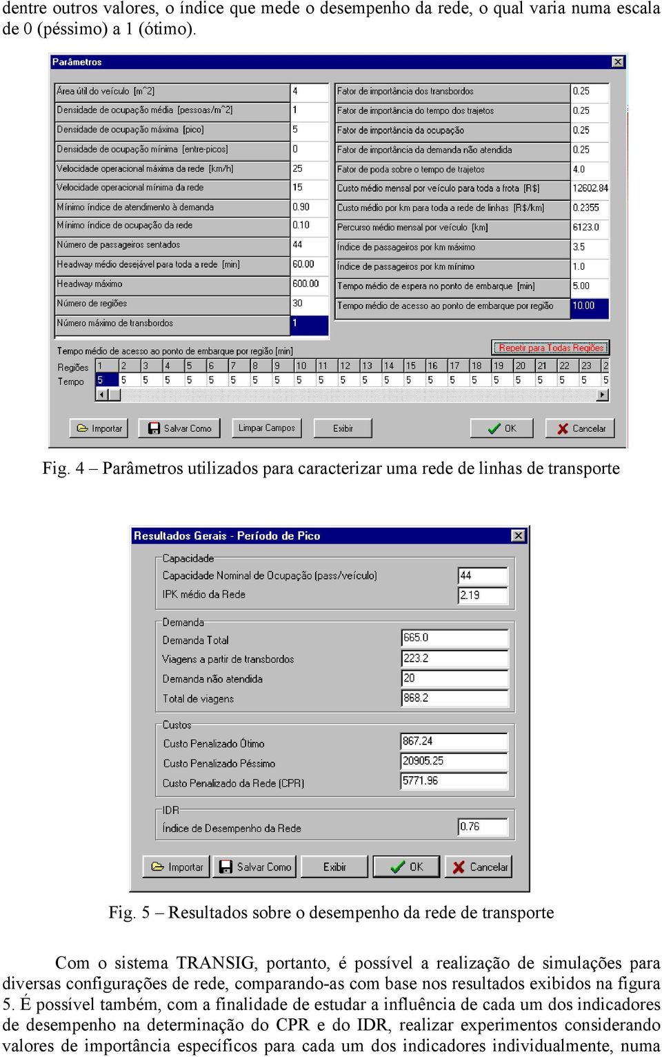 5 Resultados sobre o desempenho da rede de transporte Com o sistema TRANSIG, portanto, é possível a realização de simulações para diversas configurações de rede,
