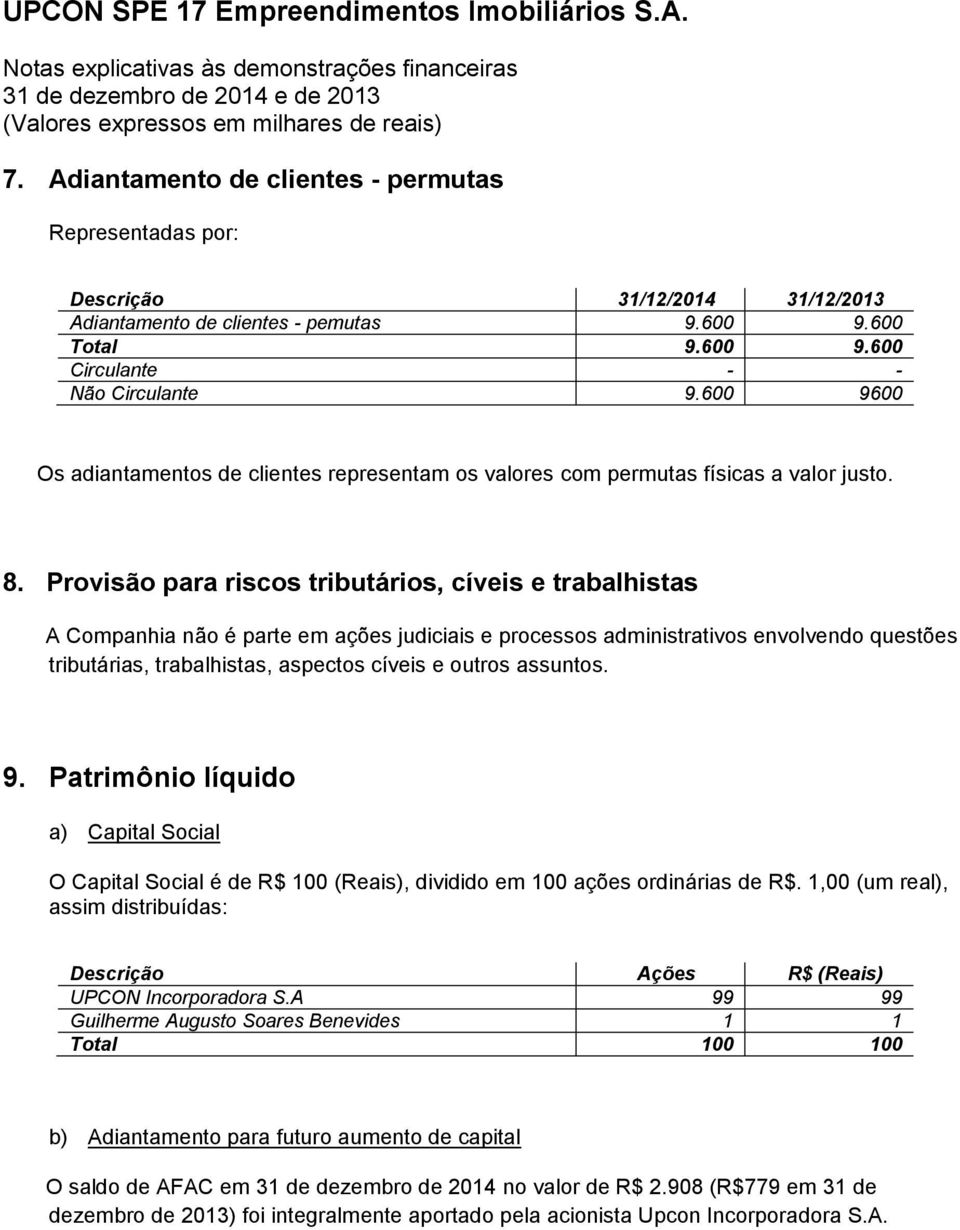 Provisão para riscos tributários, cíveis e trabalhistas A Companhia não é parte em ações judiciais e processos administrativos envolvendo questões tributárias, trabalhistas, aspectos cíveis e outros