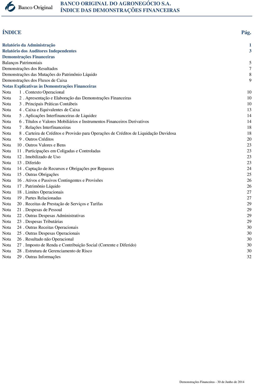 8 Demonstrações dos Fluxos de Caixa 9 Notas Explicativas às Demonstrações Financeiras Nota 1. Contexto Operacional 10 Nota 2. Apresentação e Elaboração das Demonstrações Financeiras 10 Nota 3.