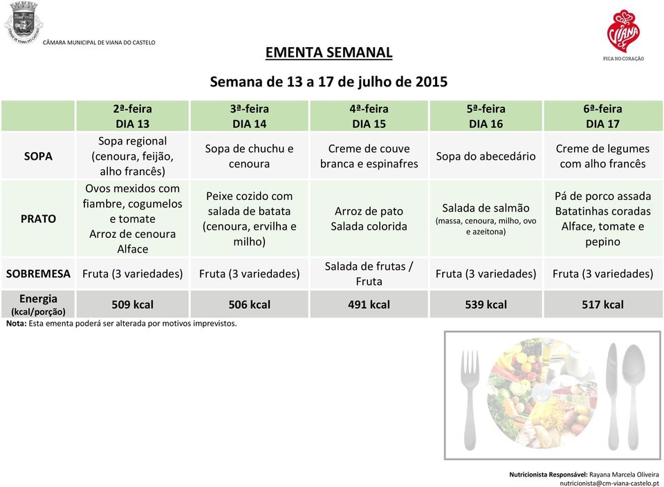 branca e espinafres Arroz de pato Salada colorida Salada de frutas / Fruta DIA 16 Sopa do abecedário Salada de salmão (massa,,