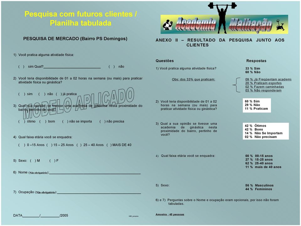 ( ) sim ( ) não ( ) já pratica ANEXO II RESULTADO DA PESQUISA JUNTO AOS CLIENTES Questões Respostas 1) Você pratica alguma atividade física?