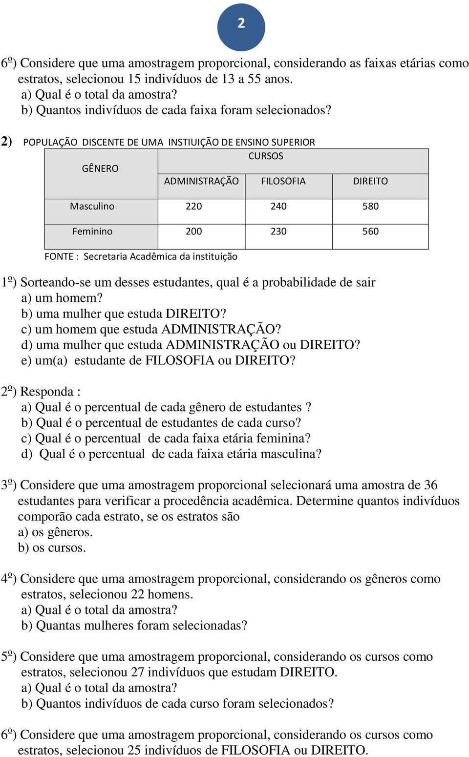 Sorteando-se um desses estudantes, qual é a probabilidade de sair a) um homem? b) uma mulher que estuda DIREITO? c) um homem que estuda ADMINISTRAÇÃO?