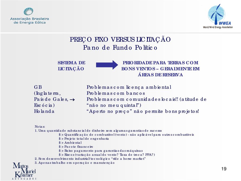 Uma quantidade substancial de dinheiro sem algumas garantias de sucesso $ > Quantificação de combustível (vento) - não aplicável para outros combustíveis $ > Projeto total de engenharia $ > Ambiental