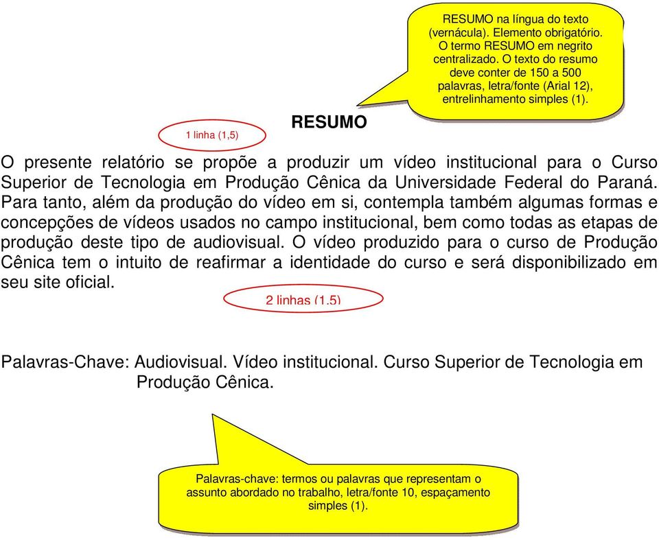 O vídeo produzido para o curso de Produção Cênica tem o intuito de reafirmar a identidade do curso e será disponibilizado em seu site oficial. 2 linhas (1,5) RESUMO na língua do texto (vernácula).