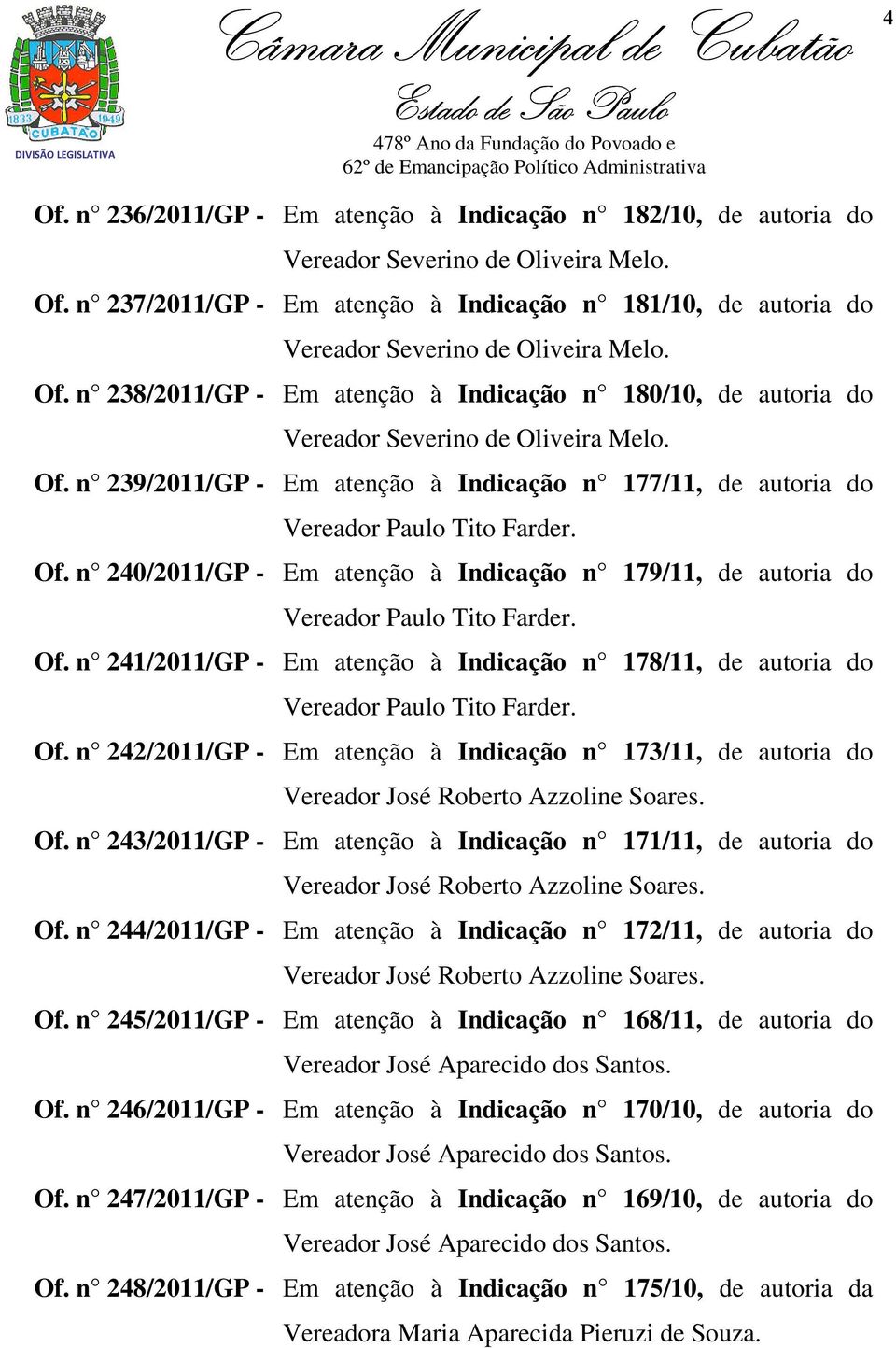 Of. n 240/2011/GP - Em atenção à Indicação n 179/11, de autoria do Vereador Paulo Tito Farder. Of. n 241/2011/GP - Em atenção à Indicação n 178/11, de autoria do Vereador Paulo Tito Farder. Of. n 242/2011/GP - Em atenção à Indicação n 173/11, de autoria do Vereador José Roberto Azzoline Soares.