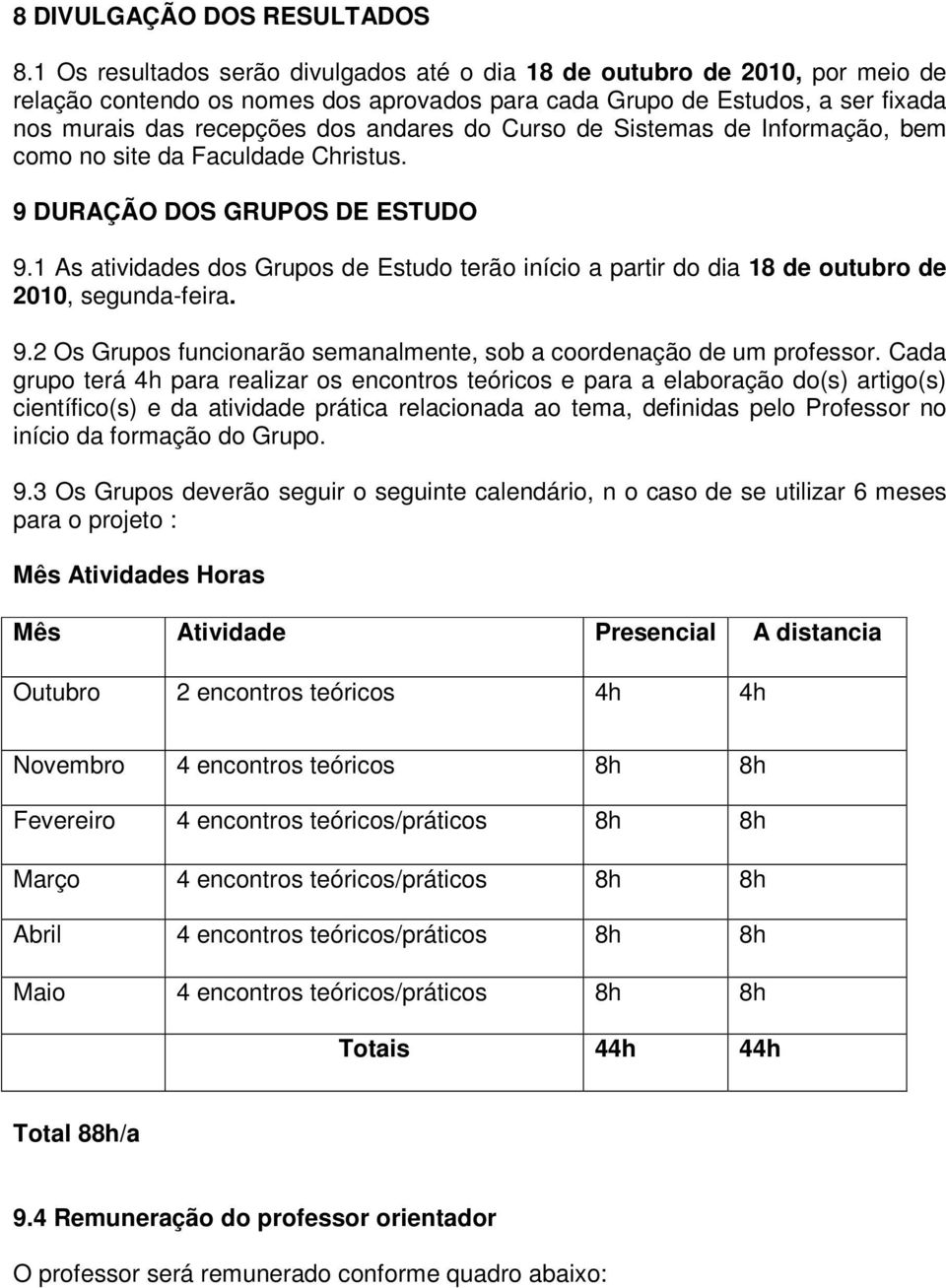 Curso de Sistemas de Informação, bem como no site da Faculdade Christus. 9 DURAÇÃO DOS GRUPOS DE ESTUDO 9.