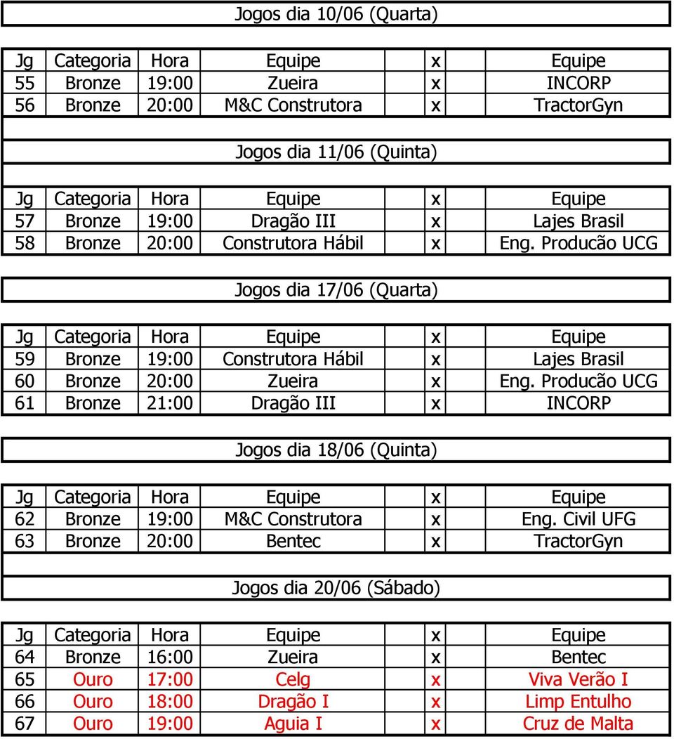 Producão UCG Jogos dia 17/06 (Quarta) 59 Bronze 19:00 Construtora Hábil x Lajes Brasil 60 Bronze 20:00 Zueira x Eng.