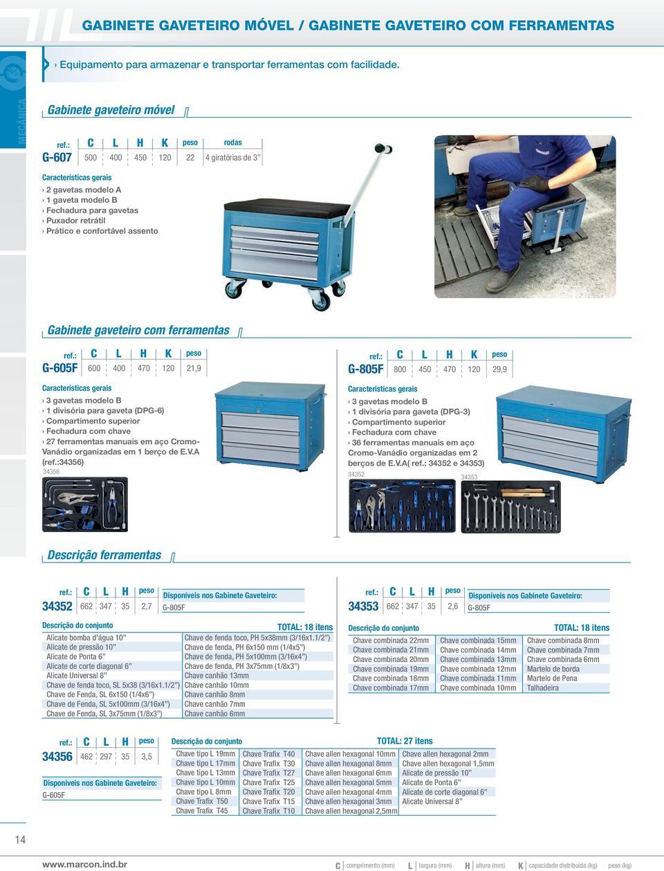 gaveteiro com ferramentas G-605F G-805F 600 400 470 120 21,9 800 450 470 120 29,9 3 gavetas modelo B 1 divisória para gaveta (DPG-6) ompartimento superior 27 ferramentas manuais em aço romo- Vanádio