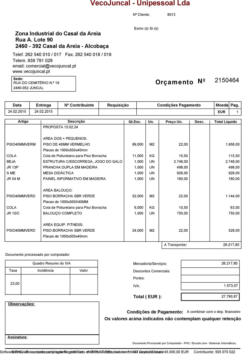 AURELÍO PINTO CASTELO BRANCO, 57 VALE DE PRAZERES 6230-788 VALE DE PRAZERES Orçamento Nº 2150464 Data Entrega Nº Contribuinte Requisição Condições Pagamento Moeda 24.02.2015 24.02.2015 510840817 EUR Pag.