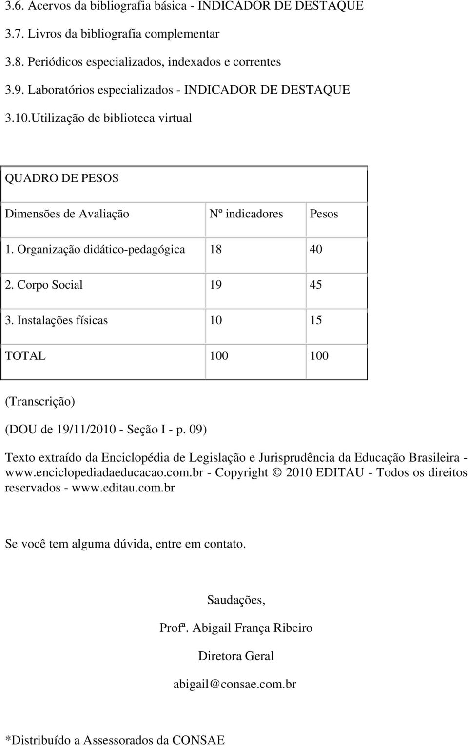 Instalações físicas 10 15 TOTAL 100 100 (Transcrição) (DOU de 19/11/2010 - Seção I - p. 09) Texto extraído da Enciclopédia de Legislação e Jurisprudência da Educação Brasileira - www.