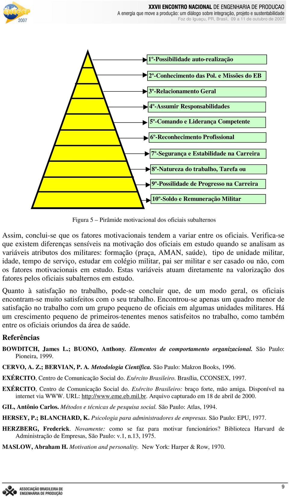 Tarefa ou Missão 9º-Possilidade de Progresso na Carreira 10º-Soldo e Remuneração Militar Figura 5 Pirâmide motivacional dos oficiais subalternos Assim, conclui-se que os fatores motivacionais tendem