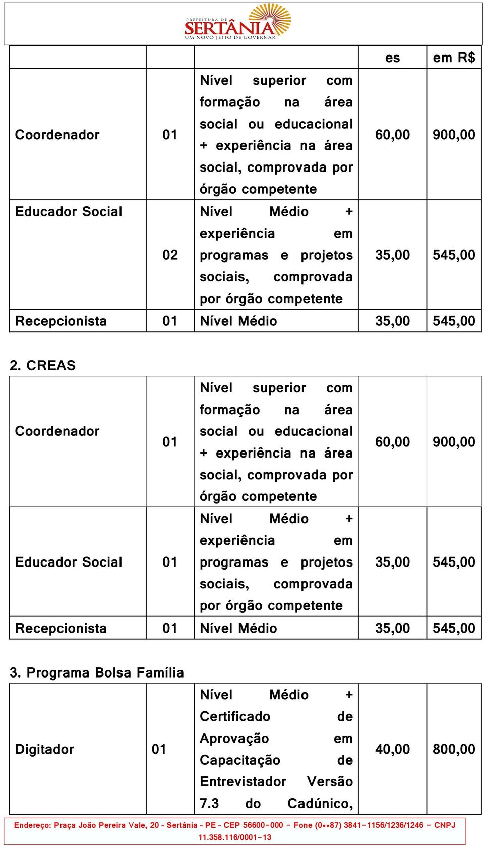 CREAS Coordenador 01 Educador Social 01 Nível superior com formação na área social ou educacional + experiência na área social, comprovada por órgão competente experiência em programas e