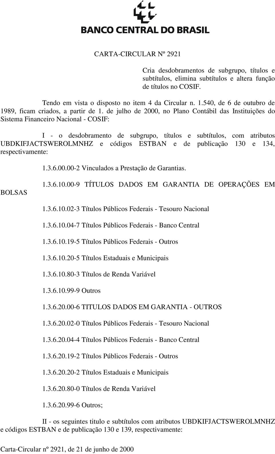 de julho de 2000, no Plano Contábil das Instituições do Sistema Financeiro Nacional - COSIF: I - o desdobramento de subgrupo, títulos e subtítulos, com atributos UBDKIFJACTSWEROLMNHZ e códigos ESTBAN