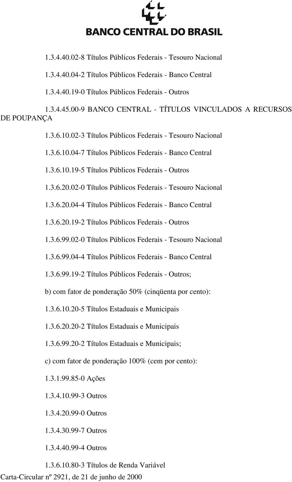 3.6.20.02-0 Títulos Públicos Federais - Tesouro Nacional 1.3.6.20.04-4 Títulos Públicos Federais - Banco Central 1.3.6.20.19-2 Títulos Públicos Federais - Outros 1.3.6.99.