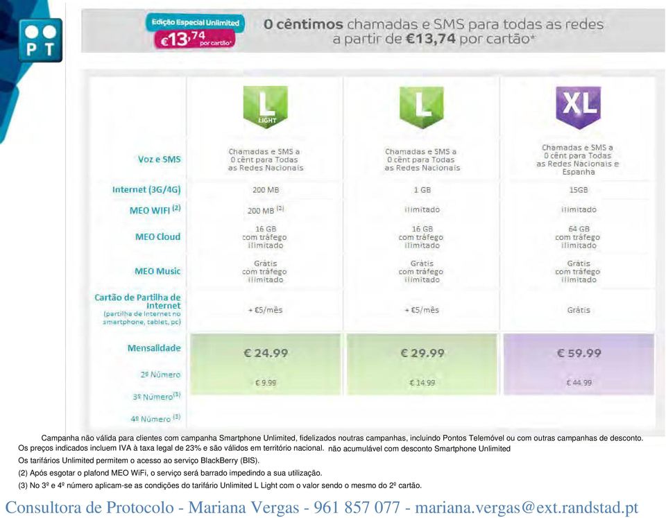 não acumulável com desconto Smartphone Unlimited Os tarifários Unlimited permitem o acesso ao serviço BlackBerry (BIS).