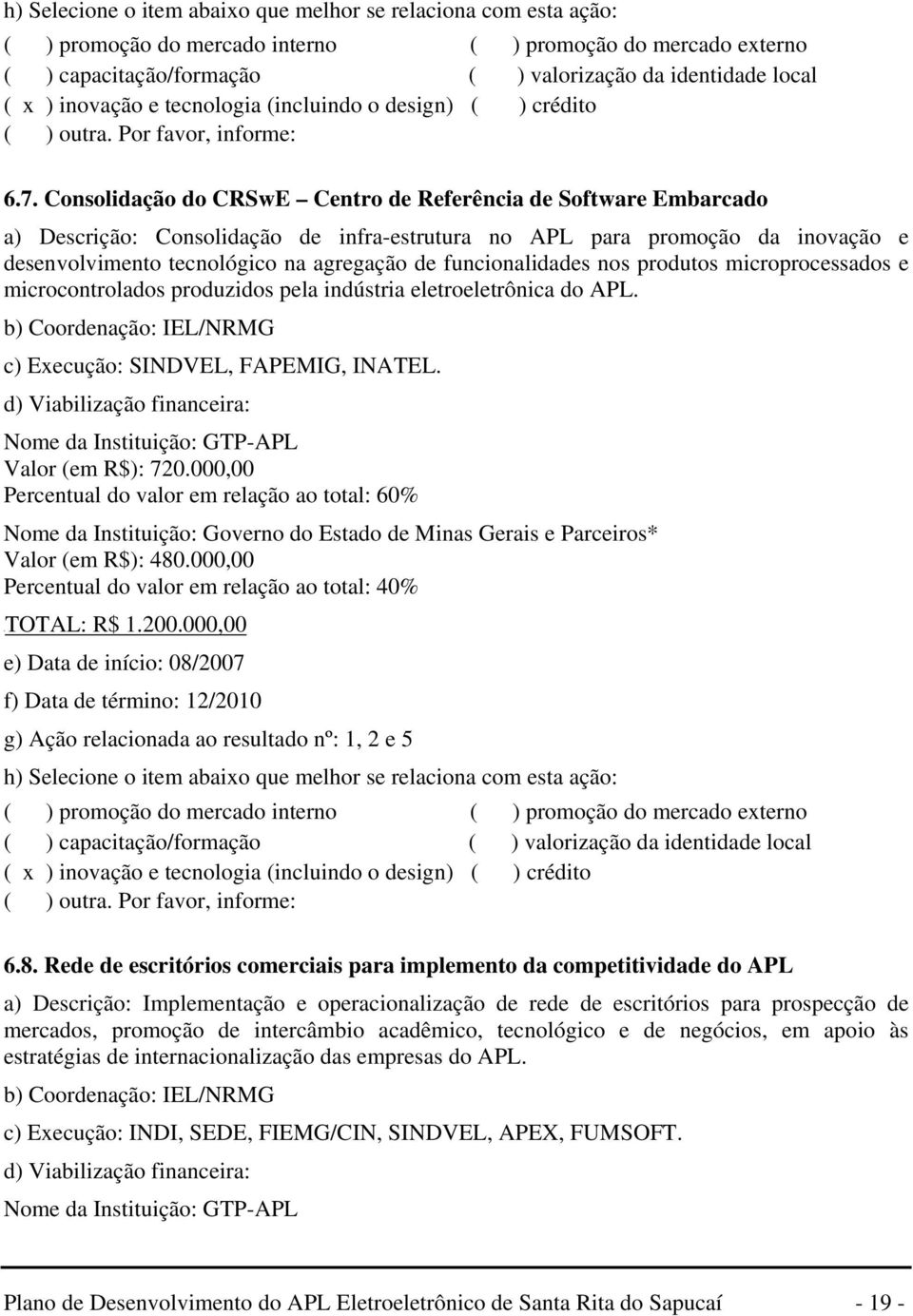 Consolidação do CRSwE Centro de Referência de Software Embarcado a) Descrição: Consolidação de infra-estrutura no APL para promoção da inovação e desenvolvimento tecnológico na agregação de