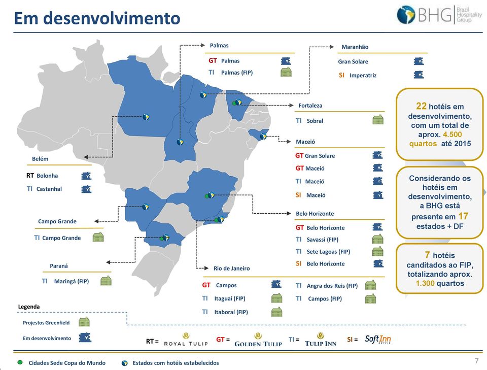 hotéis em desenvolvimento, a BHG está presente em 7 estados + DF TI Paraná Maringá (FIP) Rio de Janeiro GT Campos TI Sete Lagoas (FIP) SI Belo Horizonte TI Angra dos Reis (FIP) 7 hotéis