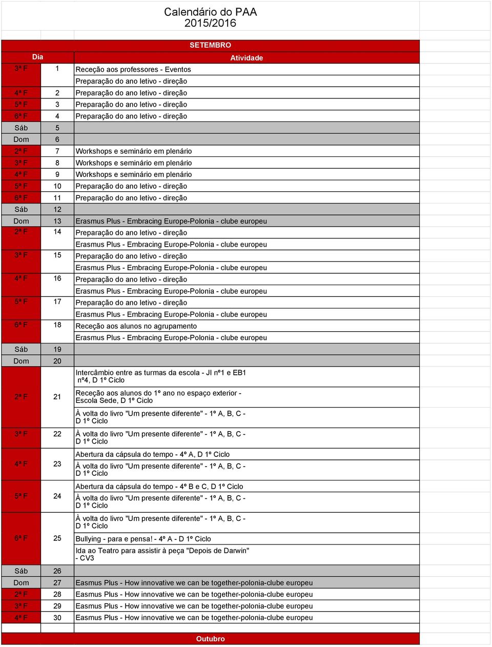 letivo - direção Sáb 12 Ativi Dom 13 Ersmus Plus - Embrcing Europe-Poloni - clube europeu 2ª F 14 Preprção no letivo - direção 3ª F 15 4ª F 16 5ª F 17 6ª F 18 Sáb 19 Dom 20 Ersmus Plus - Embrcing