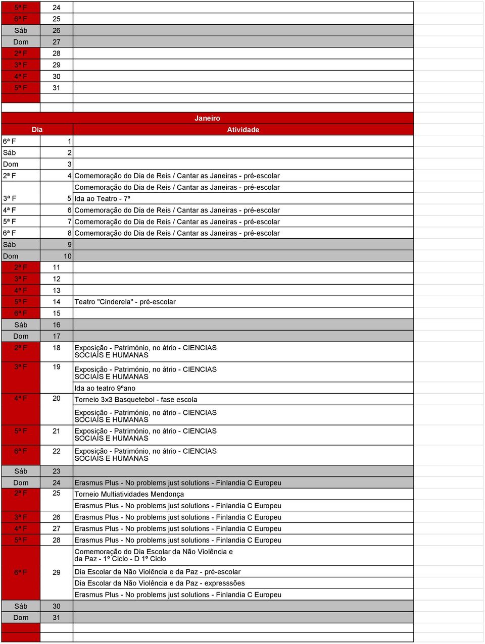 2ª F 11 3ª F 12 4ª F 13 5ª F 14 Tetro "Cinrel" - pré-escolr 6ª F 15 Sáb 16 Dom 17 2ª F 18 Eposição - Ptrimónio, no átrio - CIENCIAS SOCIAIS E HUMANAS 3ª F 19 4ª F 20 Eposição - Ptrimónio, no átrio -