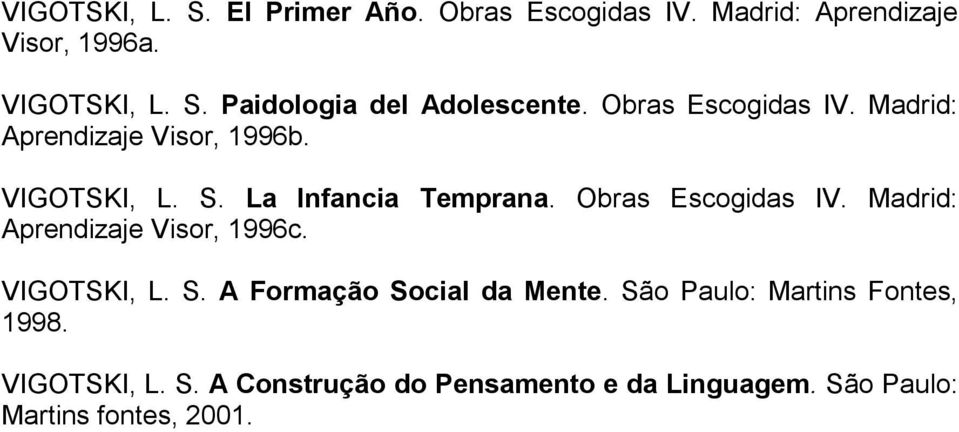 Madrid: Aprendizaje Visor, 1996c. VIGOTSKI, L. S. A Formação Social da Mente. São Paulo: Martins Fontes, 1998.