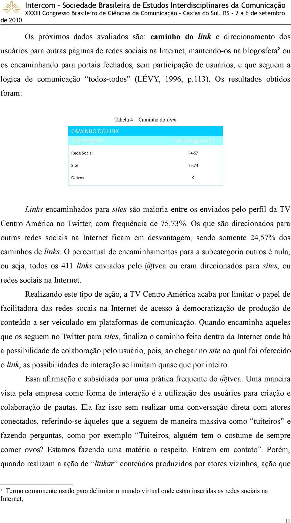 Os resultados obtidos foram: Tabela 4 Caminho do Link Links encaminhados para sites são maioria entre os enviados pelo perfil da TV Centro América no Twitter, com frequência de 75,73%.