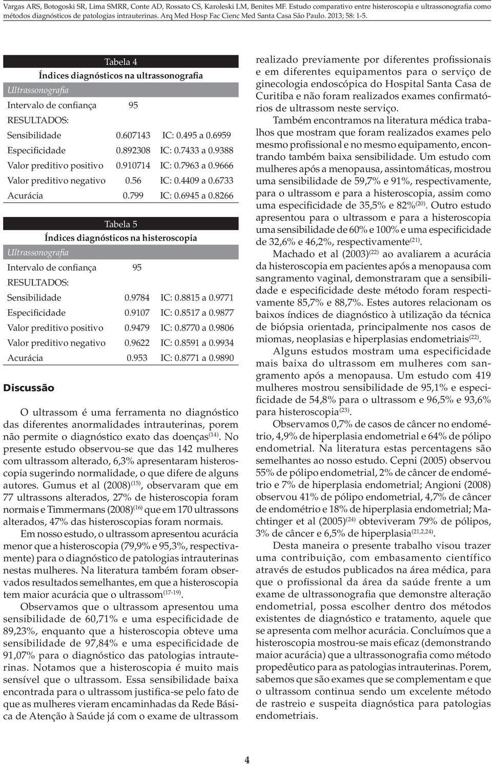 8266 Ultrassonografia Tabela 5 Índices diagnósticos na histeroscopia Intervalo de confiança 95 RESULTADOS: Sensibilidade 0.9784 IC: 0.8815 a 0.9771 Especificidade 0.9107 IC: 0.8517 a 0.