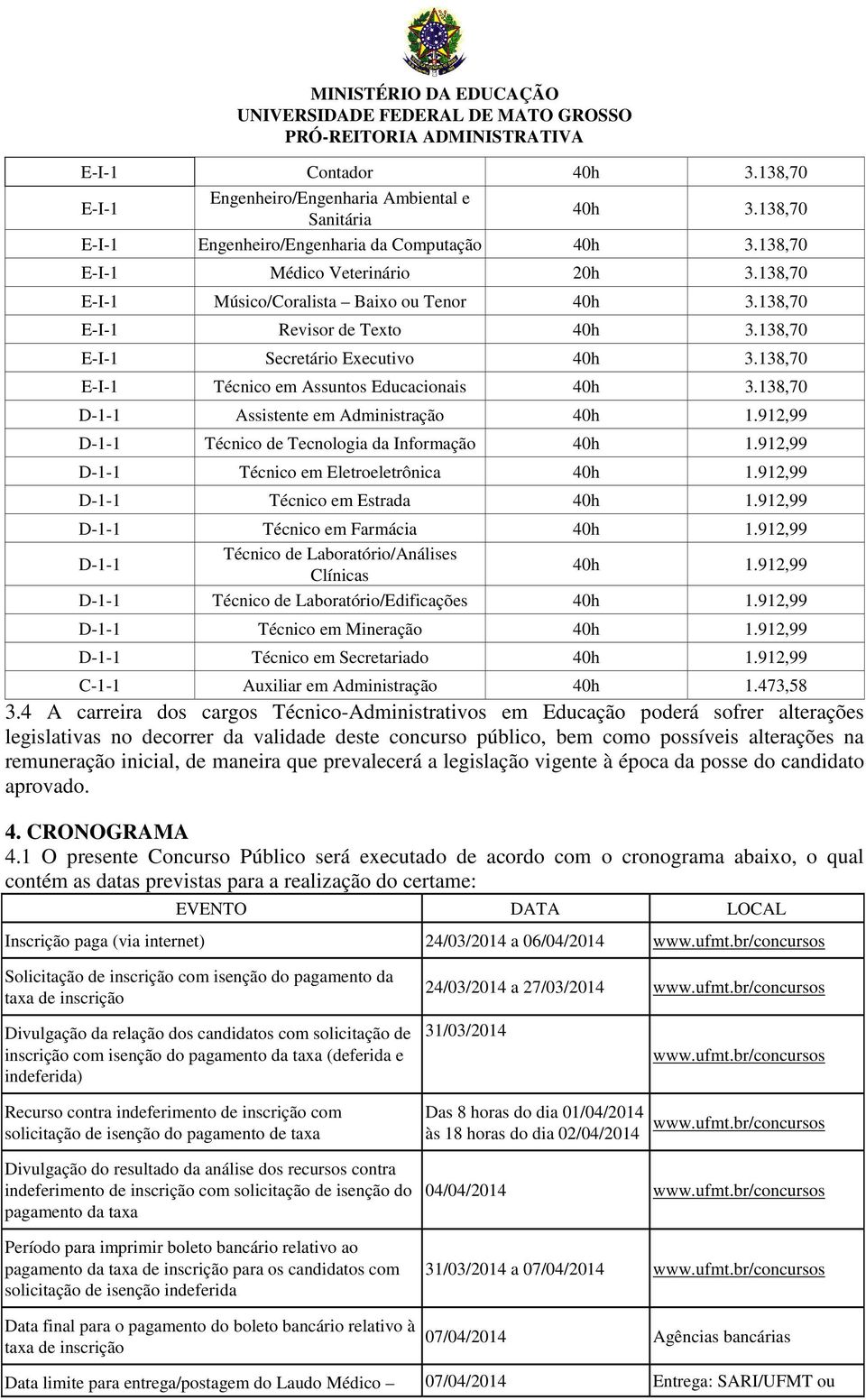 138,70 D-1-1 Assistente em Administração 40h 1.912,99 D-1-1 Técnico de Tecnologia da Informação 40h 1.912,99 D-1-1 Técnico em Eletroeletrônica 40h 1.912,99 D-1-1 Técnico em Estrada 40h 1.