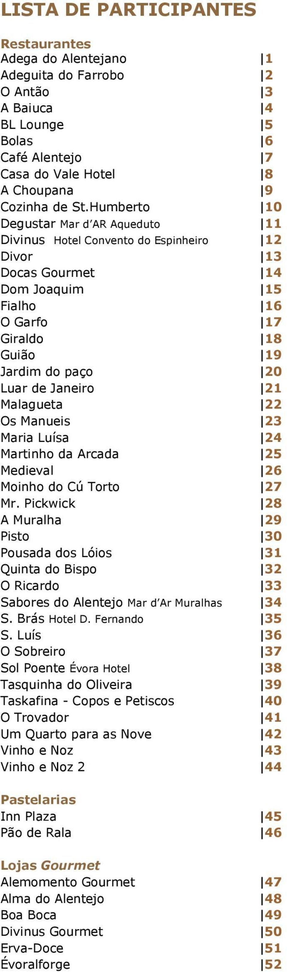 21 Malagueta 22 Os Manueis 23 Maria Luísa 24 Martinho da Arcada 25 Medieval 26 Moinho do Cú Torto 27 Mr.